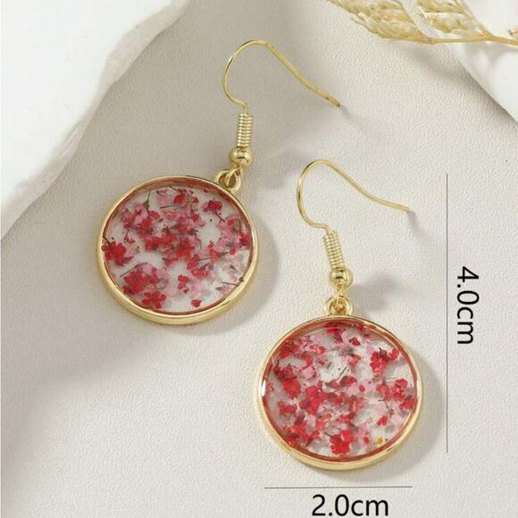 Fairy Red & Pink & White & Purple Real Dry Flower Floral Circle Shaped Earrings - Picture 3 of 10